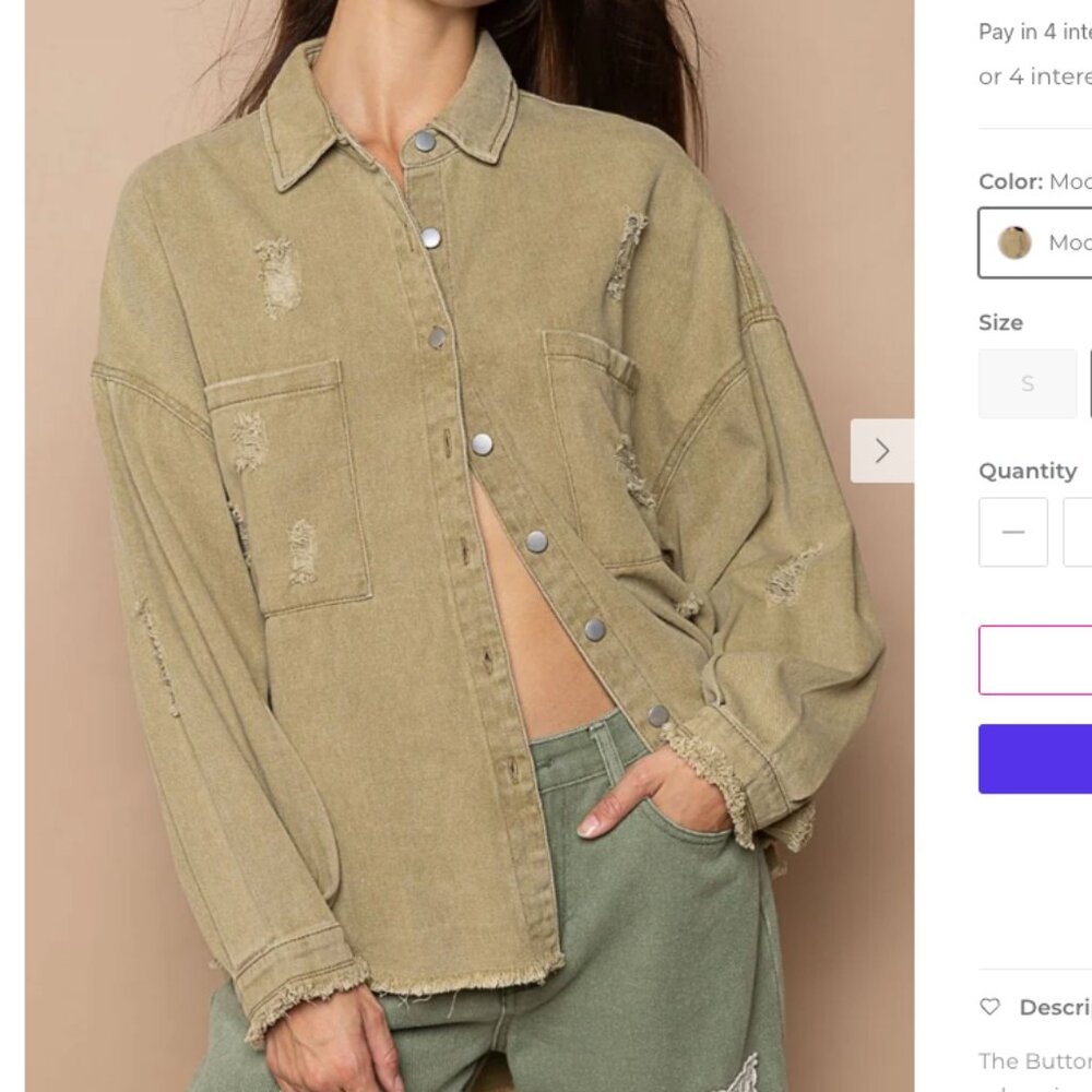 POL Button Down Raw Hem Distressed Shacket